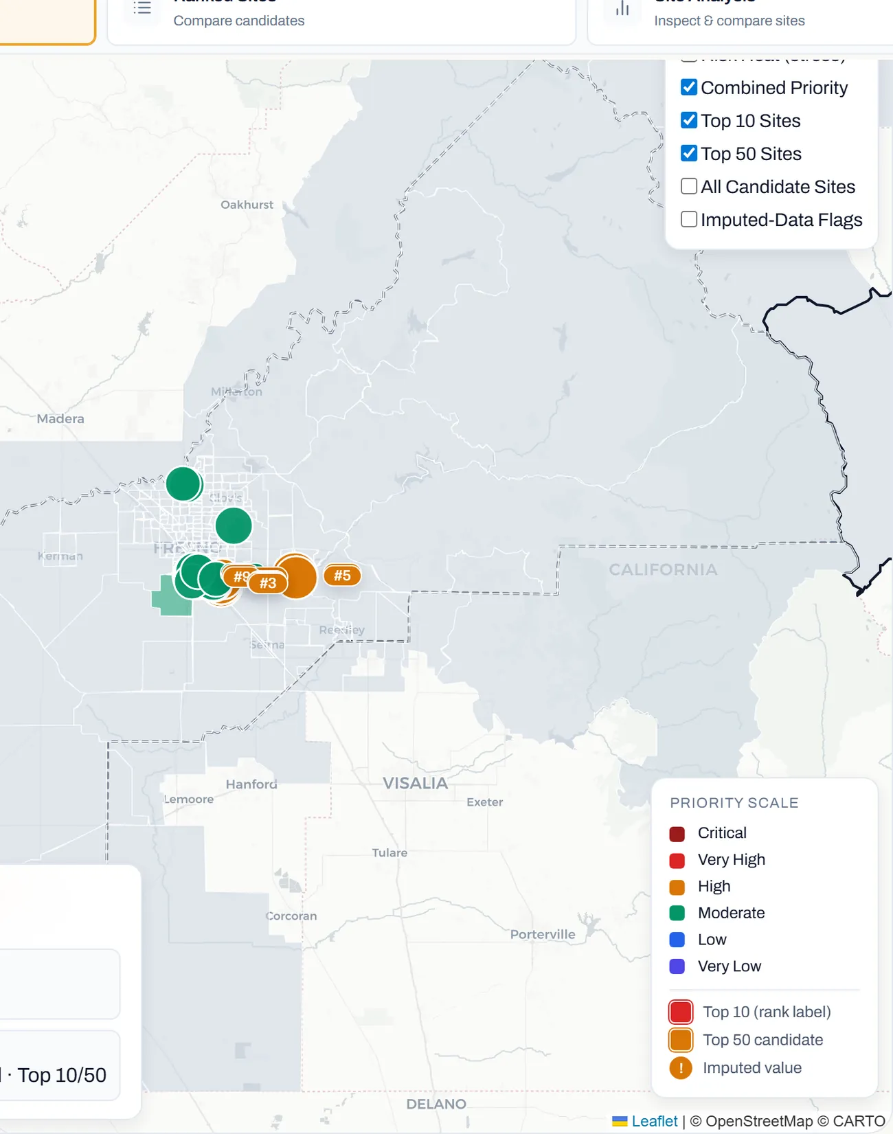 The Infraqen platform screening a California county on a map, with candidate microgrid sites ranked by planning priority.